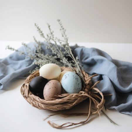 Lots of Easter eggs in soft pastel colors. Minimalist simple decor in Scandinavian style.の素材