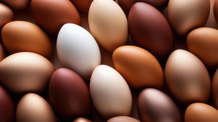 Lots of Easter eggs and feathers in trendy earth tone colors. Festive backgroundの素材
