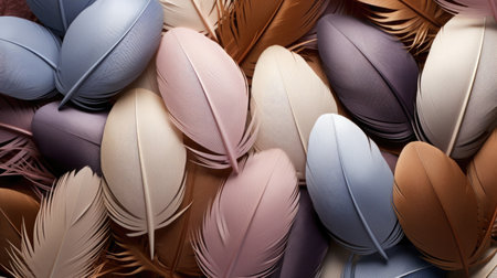 Lots of Easter eggs and feathers in trendy earth tone colors. Festive backgroundの素材