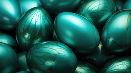 Lots of Easter eggs in trendy emerald colors. Festive backgroundの素材