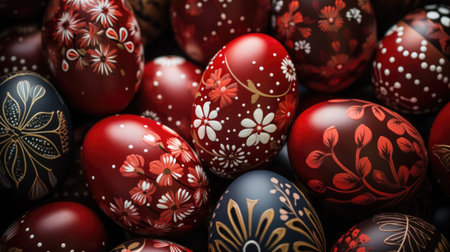 Lots of vibrant Easter eggs with floral pattern. Festive backgroundの素材