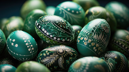 Lots of green painted Easter eggs with floral and geometric pattern. Festive background.の素材