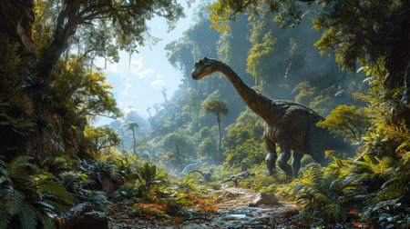 Brachiosaurus Dinosaur in a whimsical and colorful style. In natural habitat. Jurassic Parkの素材