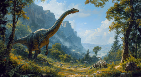 Brachiosaurus Dinosaur in a whimsical and colorful style. In natural habitat. Jurassic Parkの素材