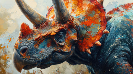 Triceratops Dinosaur in a whimsical and colorful style. In natural habitat. Jurassic Parkの素材