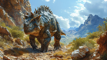A lifelike image of an Ankylosaurus wandering through a sparse, dry prehistoric landscape, with detailed textures on its armor-like skin and the surrounding rugged terrain.の素材