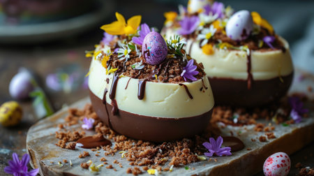 Easter Egg Cheesecake is a festive dessert for Easter, decorated with cute mini eggs, chocolate sprinkles and edible flowers for a truly Easter treatの素材