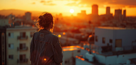 Urban Landscape Photography, Person wearing denim and cotton contemplation sunset over the city, rooftop view, modern casual, golden hour glow, warm oranges and city greys, relaxed denim outfitの素材