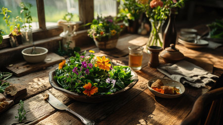 organic salad with edible flowers, overhead shot, aged oak dining table, modern rustic cottagecore aesthetic.の素材