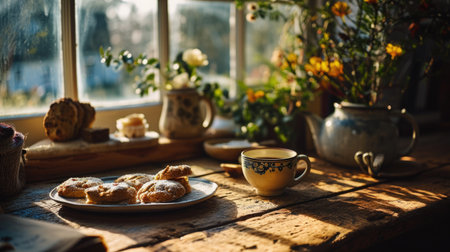 herbal tea and biscuits on the sunny window seat, relaxed home fashion, cottagecore aesthetic.の素材