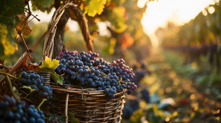 grape harvest basket amidst vine rows, early morning sun, essence of the vineyard.の素材