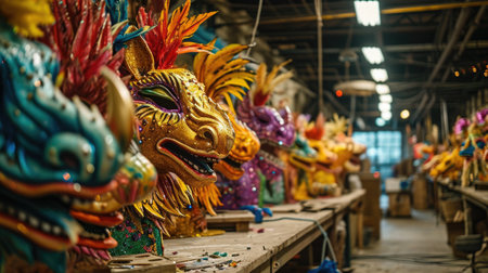 Mardi Gras parade props, workshop space, creative process, behind the scenes, colorful parade props, float making, parade preparations.の素材