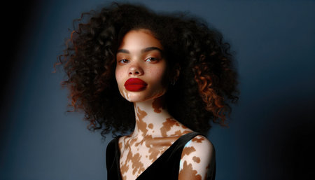 A girl with skin covered with vitiligo spots cheerfully poses. Inclusive and diverse tolerant society conceptの素材