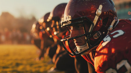 American Football: Close-up, quarterback preparing to throw, intense focus on face, stadium in the background, players in formation.の素材