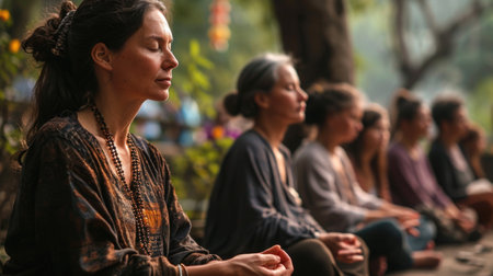 An image of a peaceful meditation session in a tranquil outdoor setting, with people of all ages participating, symbolizing the pursuit of inner peace and happiness on International Day of Happiness.の素材