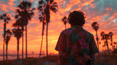 Beach Sunset, person listening to music on headphones, medium shot, seaside with palm trees and digital billboards, relaxed vaporwave fashion, Hawaiian shirt, portable cassette player.の素材
