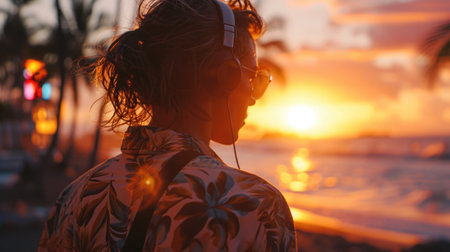 Beach Sunset, person listening to music on headphones, medium shot, seaside with palm trees and digital billboards, relaxed vaporwave fashion, Hawaiian shirt, portable cassette player.の素材