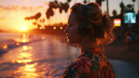 Beach Sunset, person listening to music on headphones, medium shot, seaside with palm trees and digital billboards, relaxed vaporwave fashion, Hawaiian shirt, portable cassette player.の素材
