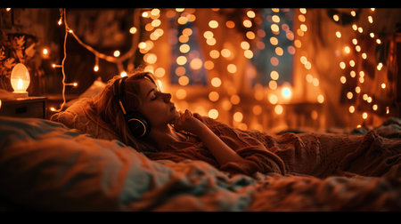 a cozy bedroom with fairy lights, soft focus, woman lying on the bed listening to music with headphones, bohemian fashion, comfortable loungewear, cottonの素材