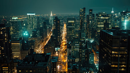 rooftop view of a city at night, wide shot, urban skyline with ambient street lights.の素材