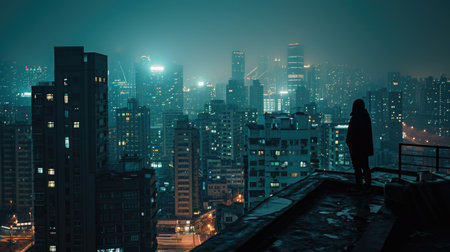 rooftop view of a city at night, wide shot, urban skyline with ambient street lights.の素材