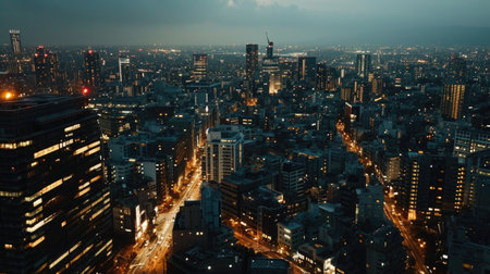rooftop view of a city at night, wide shot, urban skyline with ambient street lights.の素材