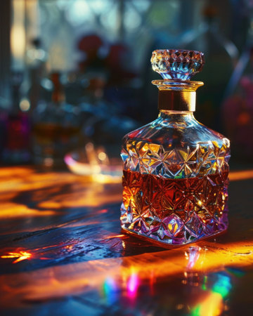 Cognac in a crystal decanter in backlight. The rays of the sun are refracted through the edges of the vessel with rainbow highlights. Orange, red, pink colors of the composition.の素材