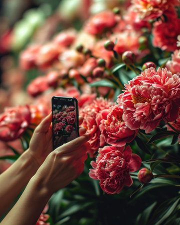 close-up of a woman's hand holding a smartphone, which is used to film coral peonies. The frame on the smartphone is clear, the peonies behind the smartphone are blurred.の素材