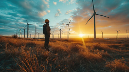 Wind Farm, engineer inspecting turbines, expansive wind farm at dawn, sky blues and earth browns, hard hat, safety goggles.の素材