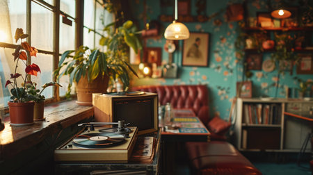 Cinematic Still Life, vintage record player next to a stack of vinyls, interior of a retro cafe, 1980s nostalgia, pastel color paletteの素材