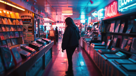 Retro Shop, person browsing vintage electronics, store with neon signage and pastel decor, 80s inspired fashion, soft fluorescent lighting, nostalgia pastel pinks and blues.の素材