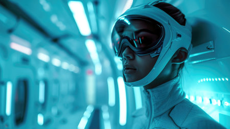 Recovery Session, person in a cryotherapy chamber, high-tech recovery facility, cool white lighting, icy whites and clinical blues.の素材