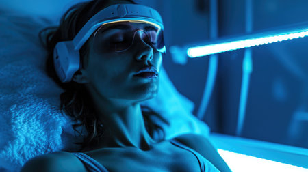 Recovery Session, person in a cryotherapy chamber, high-tech recovery facility, cool white lighting, icy whites and clinical blues.の素材