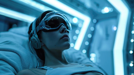 Recovery Session, person in a cryotherapy chamber, high-tech recovery facility, cool white lighting, icy whites and clinical blues.の素材