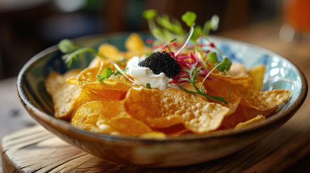 Potato chips with sour cream and black caviarの素材