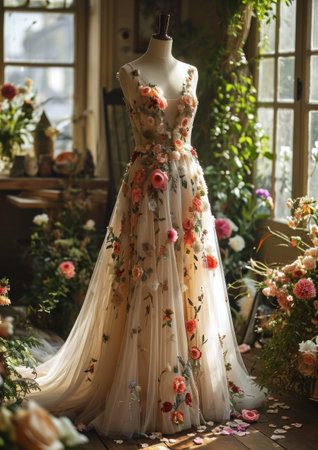 Bride in a romantic wedding dress with a floral patternの素材
