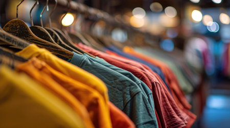 plain t-shirts of different colors hang on a hanger, store interior blur.の素材