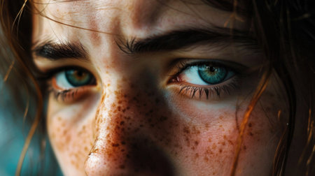 A close-up of a girl's face, tears welling up in their eyes, looking directly into the camera, conveying intense feelings of loneliness and emotional painの素材