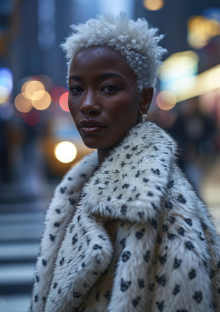 editorial photography of African model with white hair in a white faux fur coat with a pattern of cartoon cats, street fashion.の素材