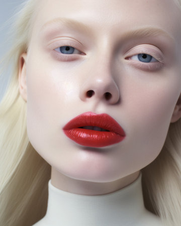 Beautiful blonde woman with fair skin with red lipstick lips.の素材