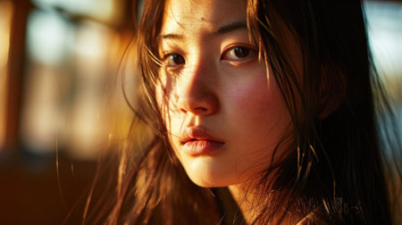 Portrait of a young Chinese woman with long black hair in a school hallway. High school teacher or student.の素材