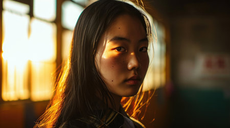 Portrait of a young Chinese woman with long black hair in a school hallway. High school teacher or student.の素材