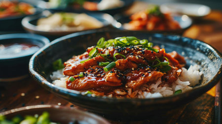 Food photography, jeyuk bokkeum, Thinly sliced pork and onions served over rice, aromatic Korean cuisineの素材