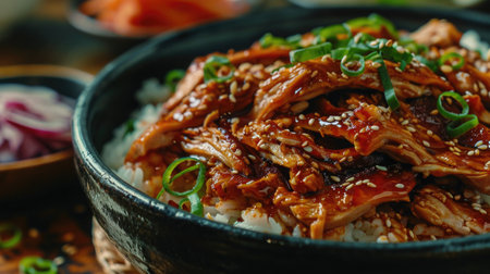 Food photography, jeyuk bokkeum, Thinly sliced pork and onions served over rice, aromatic Korean cuisineの素材