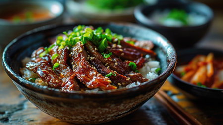 Food photography, jeyuk bokkeum, Thinly sliced pork and onions served over rice, aromatic Korean cuisineの素材