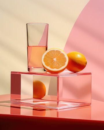 modern still life minimalism with orange fruit on red pink background.の素材