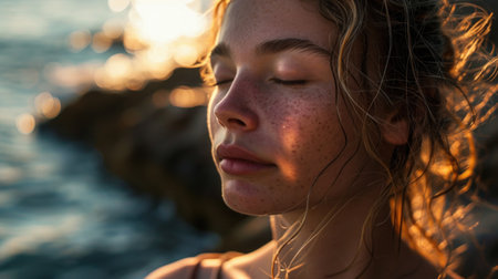 Scandinavian teenage girl meditates with her eyes closed, exposing her face to the sea breezeの素材