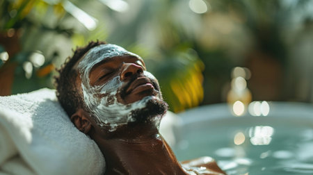 Relaxed African man with cosmetic mask on face enjoys bathing in a white bathtub. His eyes are closed, expressing a serene expression.の素材