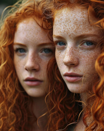 Portrait of beautiful red-haired twin girls.の素材