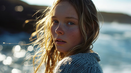 Scandinavian teenage girl meditates with her eyes closed, exposing her face to the sea breezeの素材